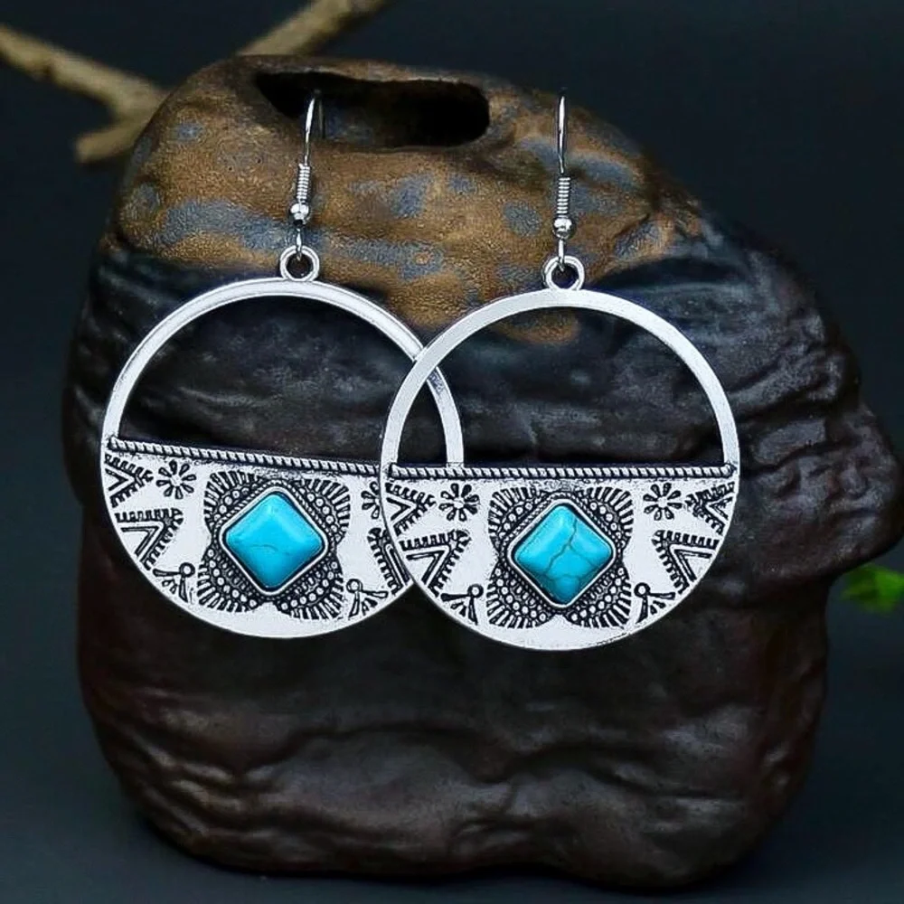 Silver Turquoise Gem Round Boho Drop Earrings